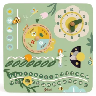 Drevená manipulačná tabuľa s hodinami „Môj prvý kalendár“ pre deti