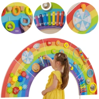 Drevená senzoricko-manipulačná tabuľa VIGA EDU Rainbow, certifikát FSC