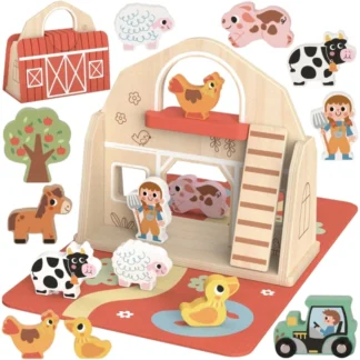 Drevená skladacia farma v kufri so zvieratami