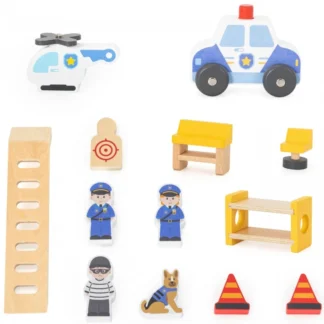 Drevené policajné auto s policajnou stanicou, 3 úrovne, 14 dielikov