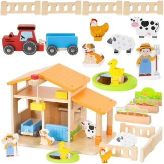 Drevený farmársky domček so záhradou a traktorom, 21 dielikov