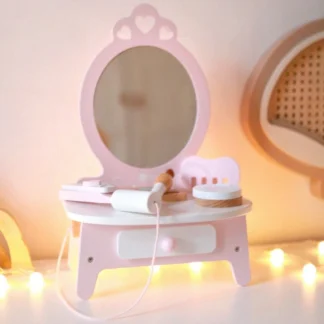 Drevený toaletný stolík pre dievča so zrkadlom + žehlička na vlasy 11 doplnkov