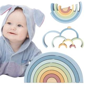 Pastelové dúhové Montessori drevené puzzle