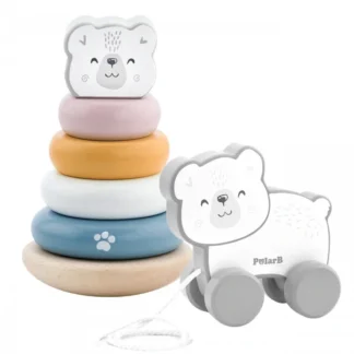 PolarB Sada ľadového medveďa Drevená pyramída + ťahací vozík ľadového medveďa