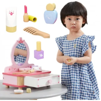 Ružový drevený kozmetický stolík so zrkadlom + príslušenstvo