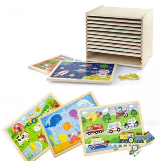 Sada drevených puzzle Viga 12 puzzle, každé po 24 dielikov, na stojane