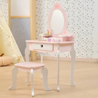 Veľký drevený toaletný stolík v bielej a ružovej farbe so zrkadlom a stoličkou