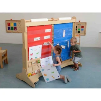 Závesná látková plachta s vreckami na knihy a obrázky, modrá