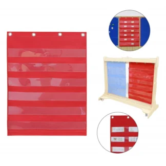 Závesná plachta na látku s vreckami na kartičky a obrázky, červená